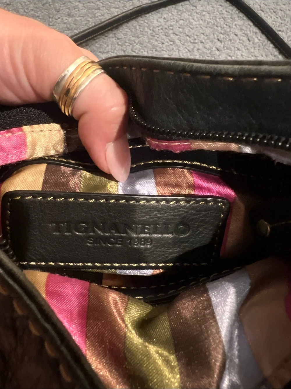 Tignanello Black Leather Crossbody with Contrasting Stitching